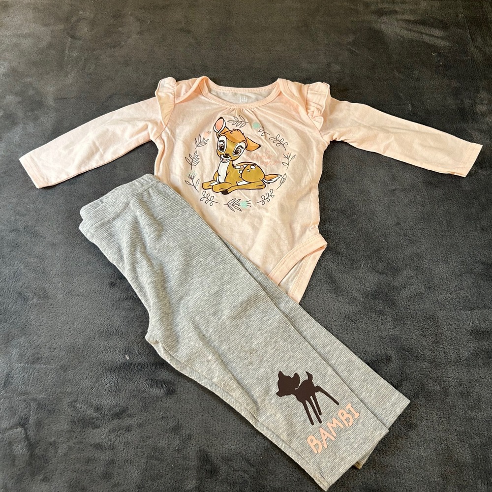 Disney Baby Bambi Outfit Set Bodysuit & Leggings Pink Gray Baby Girls 12M NWOT‎